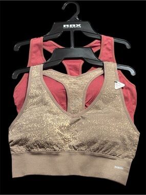 NWT•RBX Women's Taupe/Cream & Rose Racerback Sports Bra 2pc Set